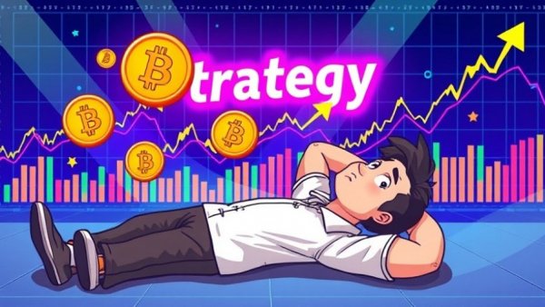 Cartoon of man relaxing amid crypto growth and bitcoin symbols.