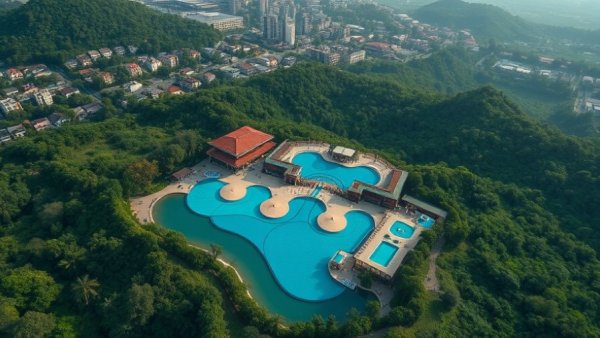 Expansive aerial view of Florida's Wave Pool resort surrounded by nature.