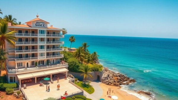 Santa Cruz beach view with hotel and ocean background.