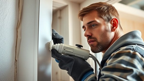 Worker insulating around window frame using spray foam, close-up.