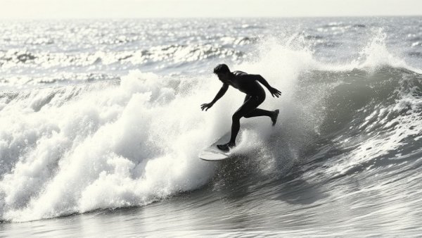 Randy Miod surfing a wave in Malibu, black and white photo.