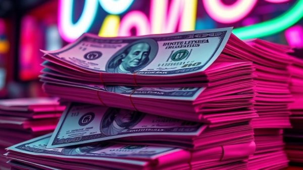 Stacks of money in neon light, suggesting financial deception.
