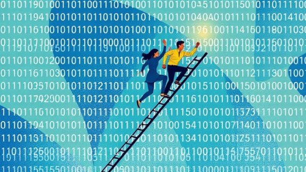 Abstract modern art of people climbing a digital ladder with binary background