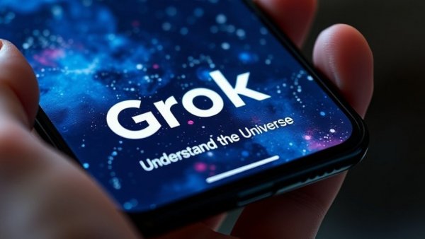 Grok X app display on smartphone, cosmic design, tech savvy.