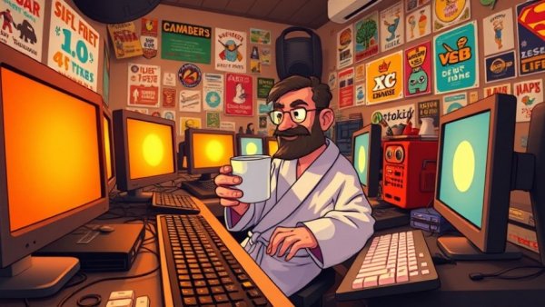 Cartoon of a tech room with pixelated character, part of Claude Code 2.1.0 Update theme.