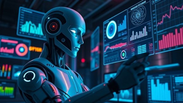 Futuristic robot performing data retrieval on holographic interface.