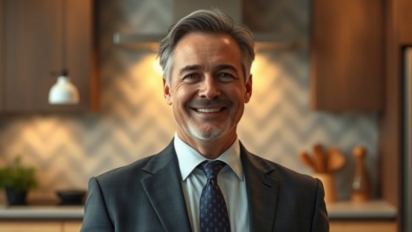 Distinguished man in suit posing in elegant kitchen setting.