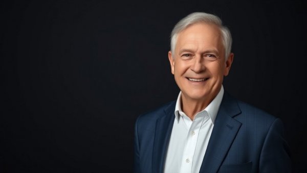 Smartly dressed man smiling confidently in a navy suit with dark background.
