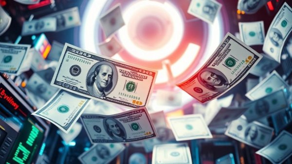 Dynamic visual of floating dollar bills under glowing sensors.