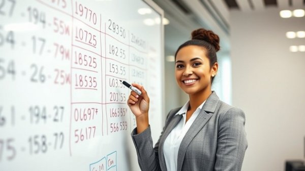Confident businesswoman planning on a whiteboard for network marketing success standards.
