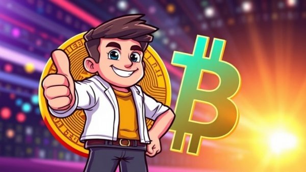 Cartoon of confident figure with Bitcoin symbol, vibrant futuristic digital art.
