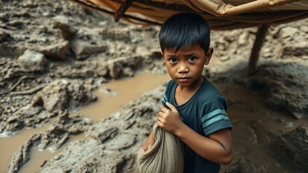 Child labor in illegal mining, Venezuela, muddy site.
