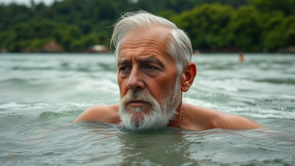 Man swimming in Liberia's ocean near sandy beach with greenery.