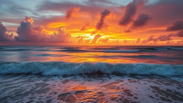 Vibrant sunset at Chicama with rolling waves and warm hues.