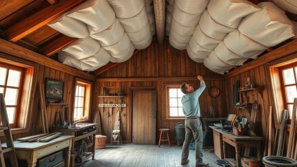 Insulating old workshop roof process in vintage setting.