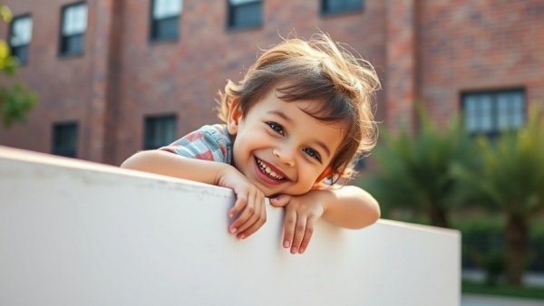 Smiling child playing on a bright concrete wall, lead exposure in Trenton.