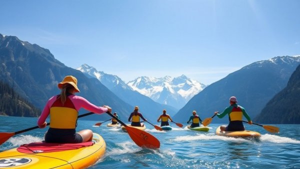 Paddleboard racers at GlaGla Race 2026 on a lake with snowy mountains.