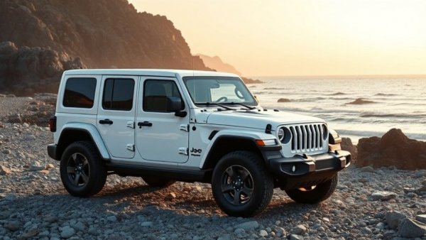 Jeep Wrangler 85th Anniversary Edition on a rocky beach at sunset.