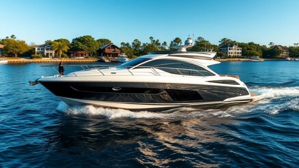 Elegant Overblue Power Cat 58 cruising on blue waterway