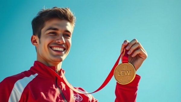 Athlete holding a medal, smiling against blue sky at an event.