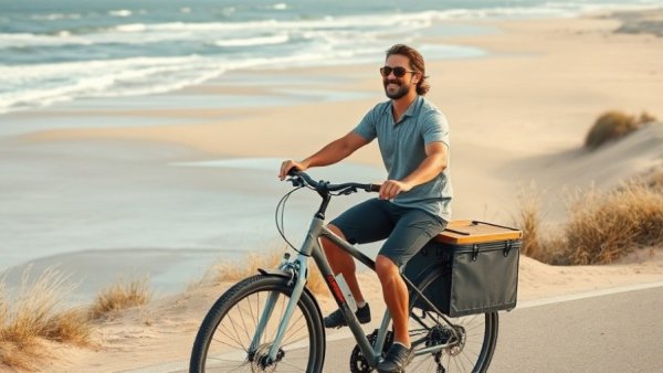 Man cycling with trailer by the beach, natural scene.