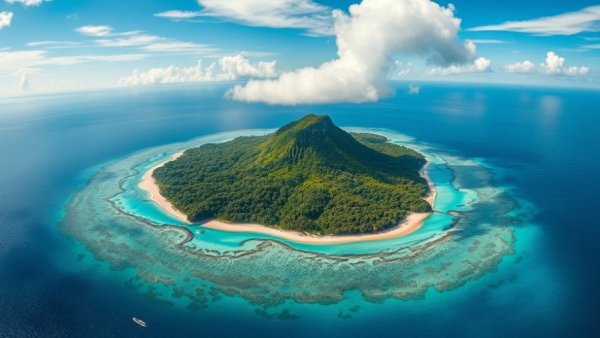 Aerial view of a tropical island surrounded by blue waters, Aloha Award nominations.
