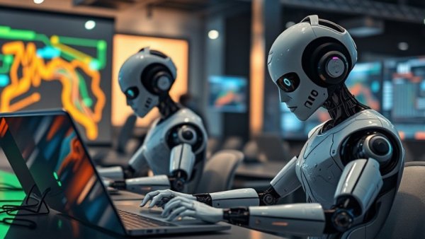 AI androids working on laptops in a contemporary office setting.