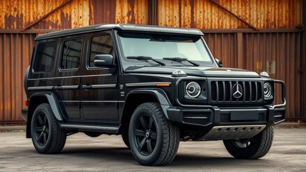 Sleek luxury off-road vehicle in industrial setting.