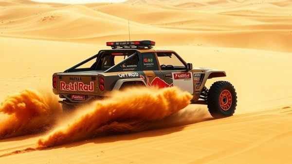 Rally car racing over desert dunes, sand flying in Dakar Rally stage win.
