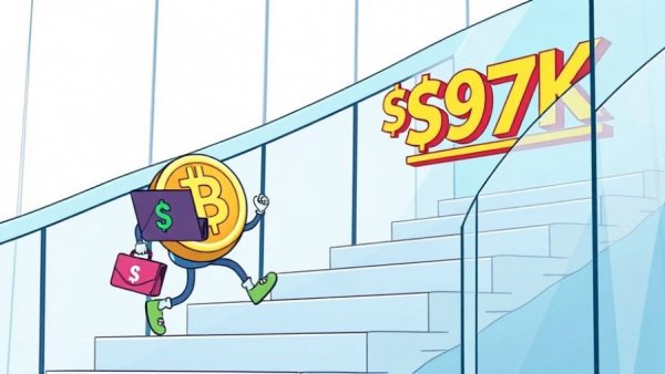 Cartoon Bitcoin character climbing stairs, symbolizing price increase to $97K.