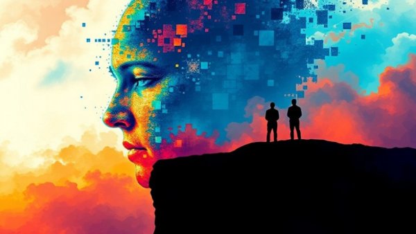 Abstract art of AI Agent Orchestration with pixelated face and figures.