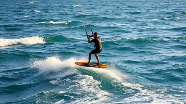 Rider on a foil board gliding over ocean waves, representing Global Foil Board Sports Association.