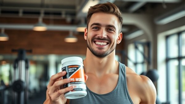 Smiling man holding pre-workout in gym, vibrant atmosphere.