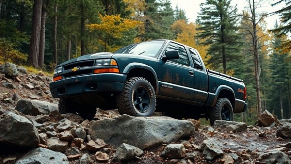 Modified 2001 Chevy S10 Crew Cab with muddy tires on rocky terrain.