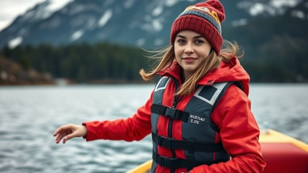 Woman in red jacket wearing Mustang Survival Elite PFD by a lake.