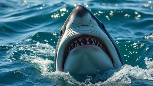 Great white shark with open mouth in California waters.