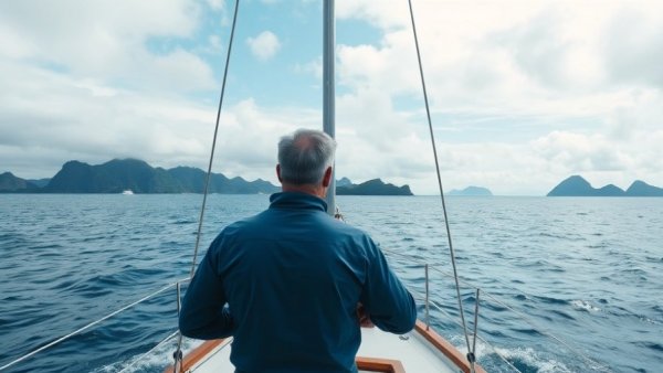 Beginner sailing in scenic waters with distant islands.