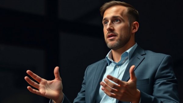 Businessman presenting information in a dark office setting.