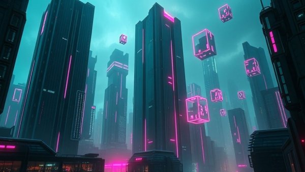 Futuristic cityscape representing crypto impersonation scams with vibrant colors.
