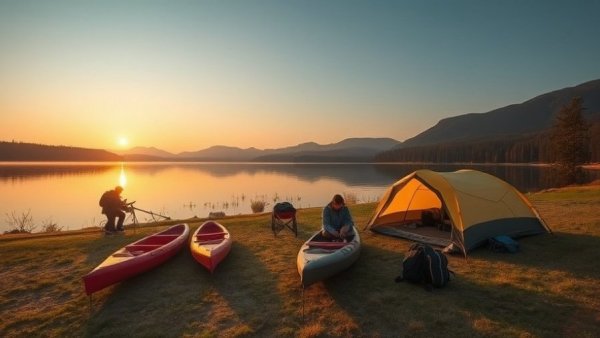 Lakeside sunset view with kayaks and camping setup, serene outdoor experience.