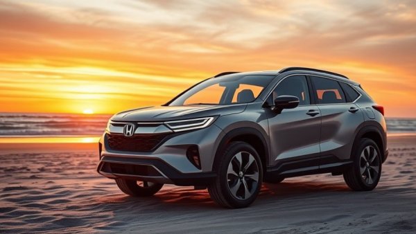 Futuristic Honda SUV and base station prototype at beach sunset.