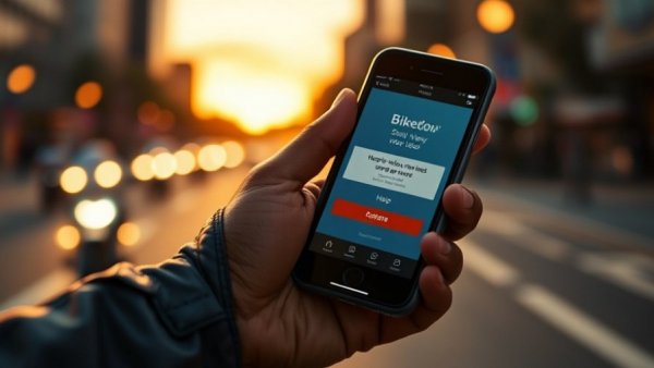 BikerDown HELP App on smartphone with gloved hand ready to send request.