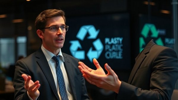 Business professional discussing quality in plastic recycling, indoor setting.