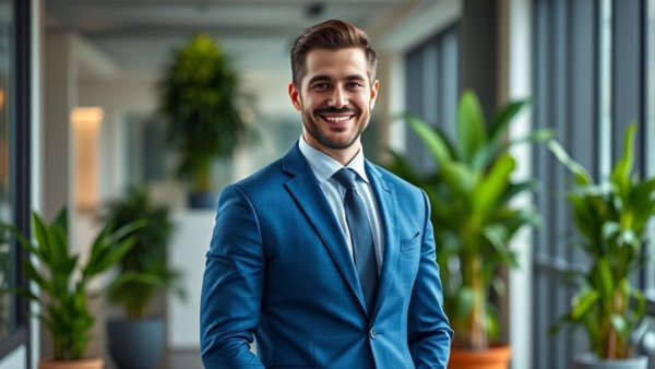 Corporate leader smiling confidently in a modern office setting.