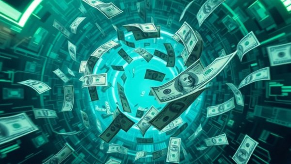 Virtual dollar bills swirl in a digital vortex.