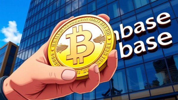 Colorful cartoon of Coinbase building and cryptocurrency coin.