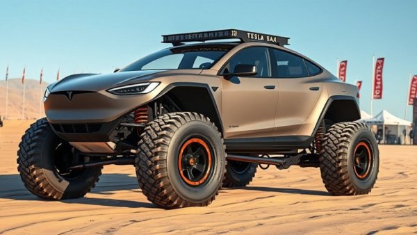 Tesla Monster Truck parked in desert at motorsport event.