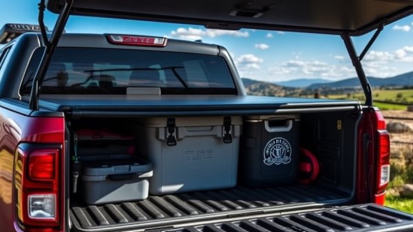 Truck with tonneau cover showcasing camping gear in bed.