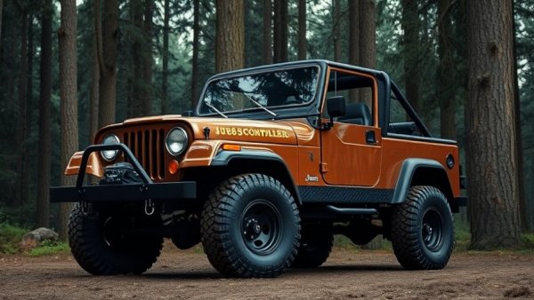 1982 Jeep Scrambler with LS Swap engine in a forest setting.