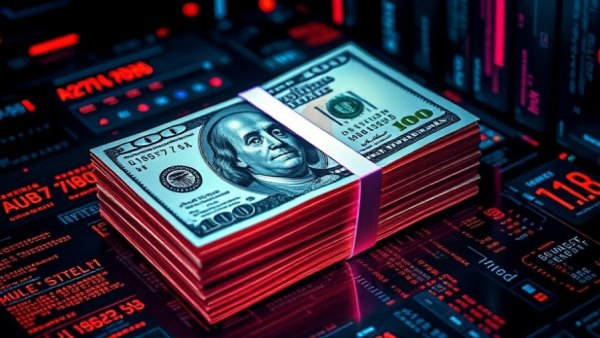 Bank fraud scheme concept with digital currency and neon lights.